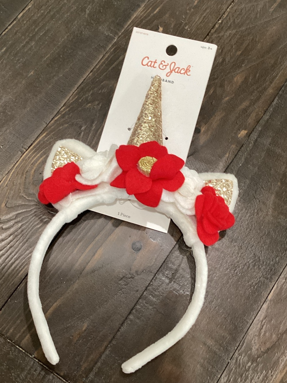 Cat & Jack White Unicorn Headband with Red Flowers and Gold Horn